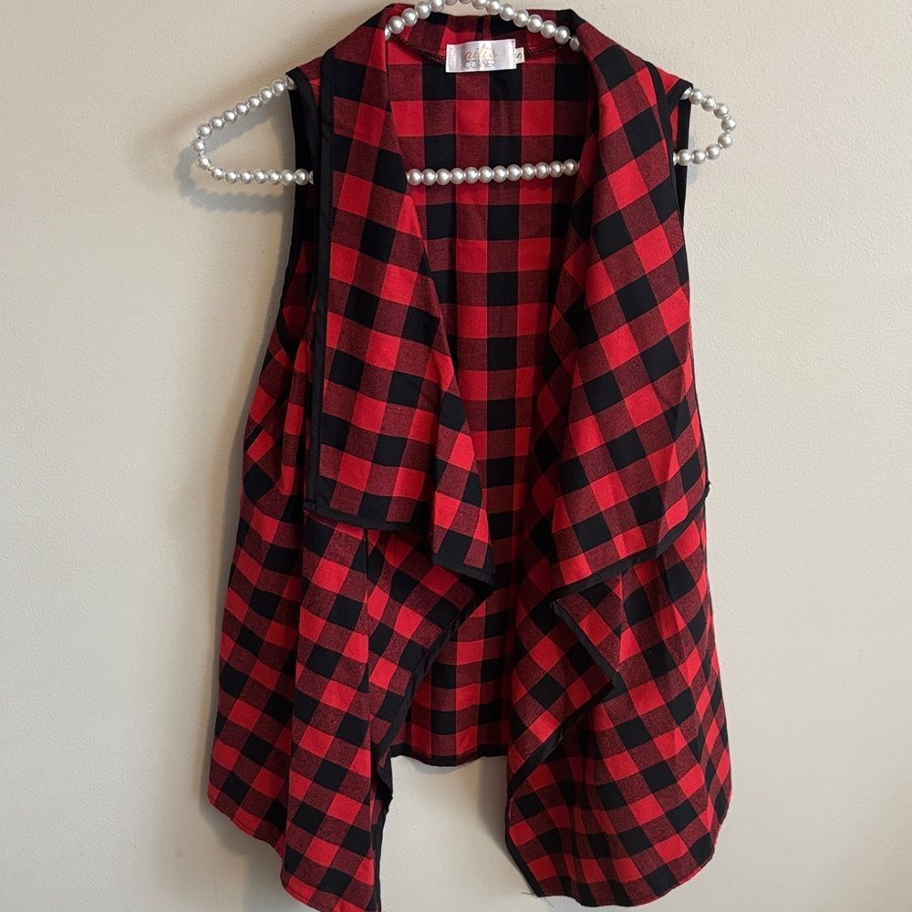 Red and Black Plaid open front Vest size small
